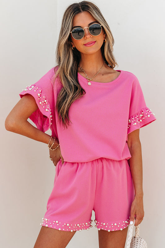 Bright Pink Pearled Ruffle Sleeve Shorts Set