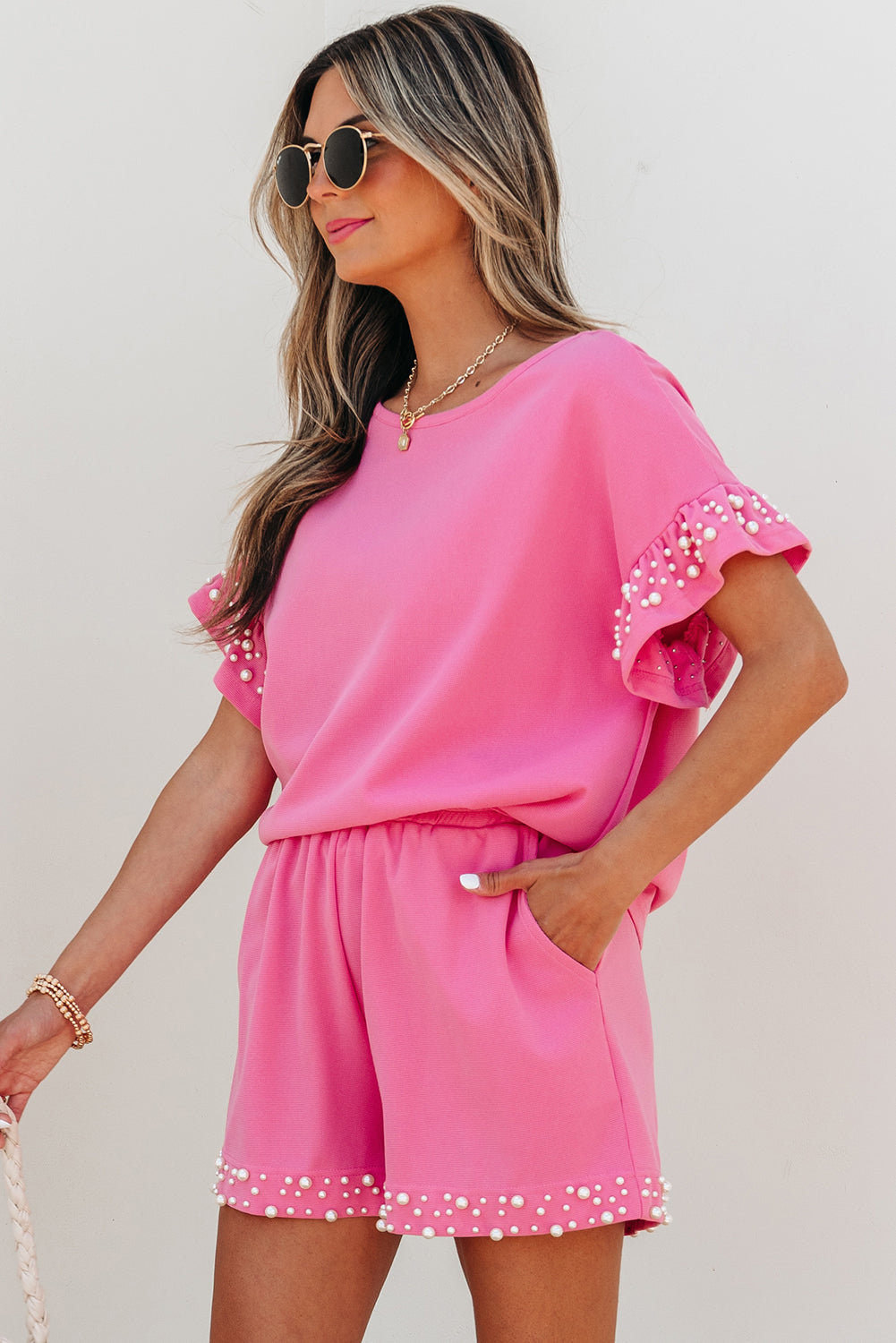 Bright Pink Pearled Ruffle Sleeve Shorts Set