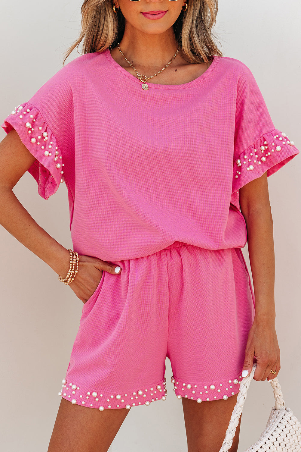 Bright Pink Pearled Ruffle Sleeve Shorts Set
