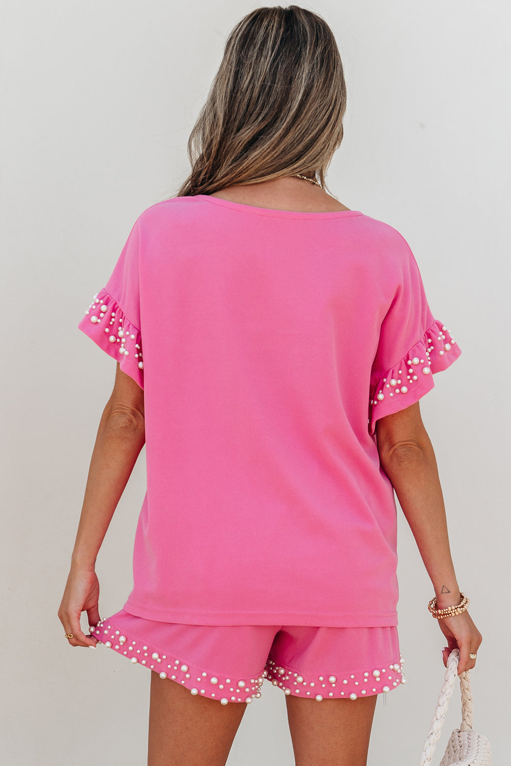 Bright Pink Pearled Ruffle Sleeve Shorts Set