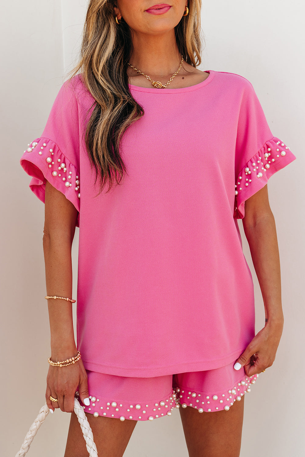 Bright Pink Pearled Ruffle Sleeve Shorts Set